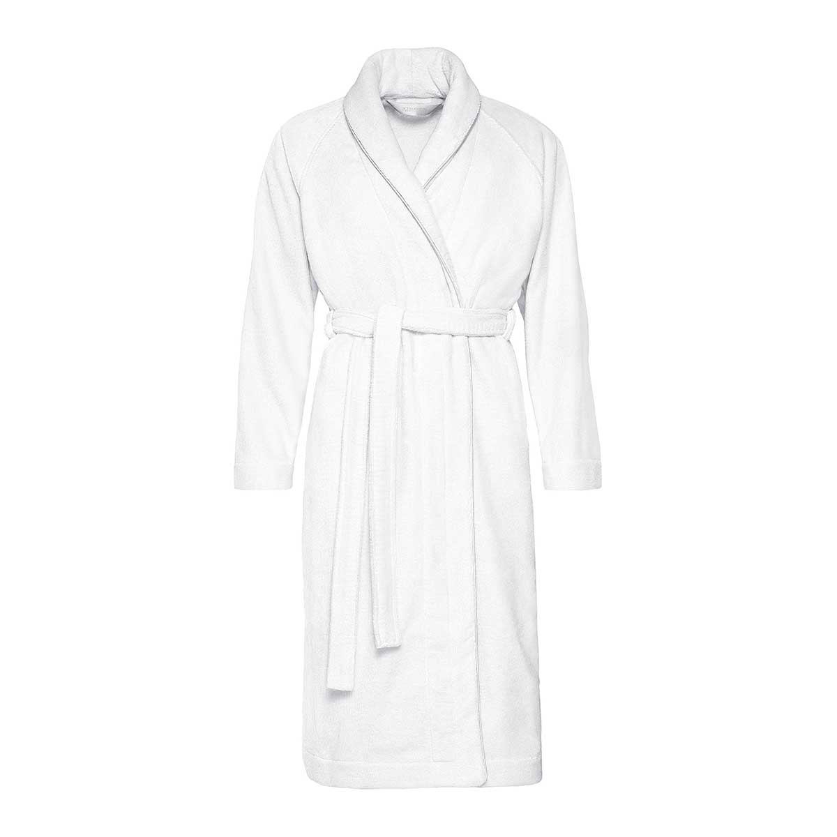 Ein ausgebreiteter weisser Bademantel aus der Coshmere-Kollektion.