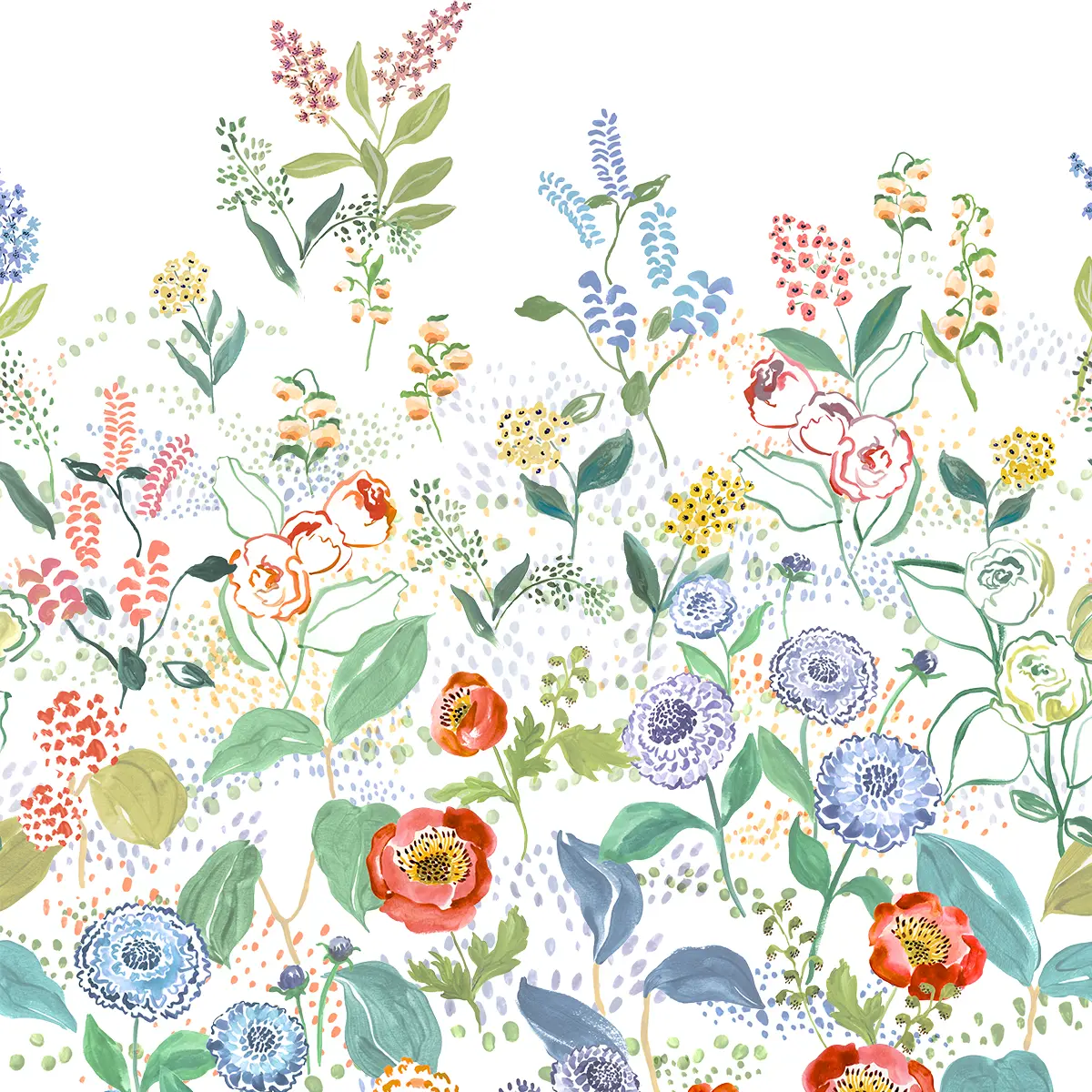 Illustration eines floralen Musters mit bunten Blumen und Blättern in verschiedenen Farben.