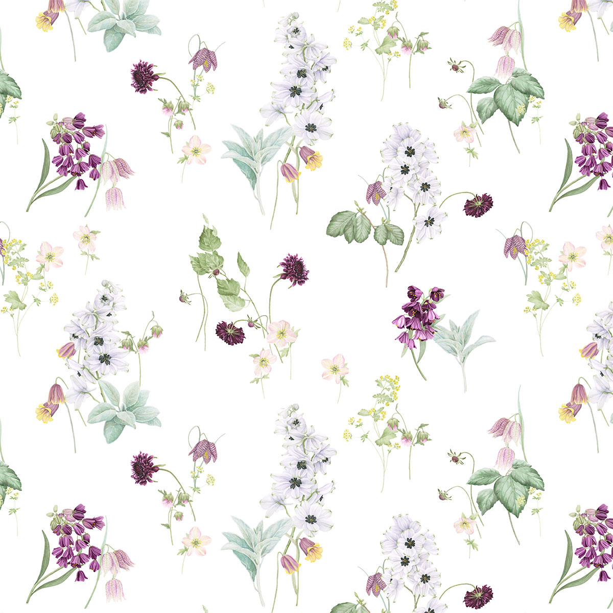 Blumenmuster auf weisser Bettwäsche "Freya" - Nahe Ansicht Weisse Bettwäsche "Freya" mit einem floralen Design, das verschiedene Blumenmotive in sanften Farben darstellt.