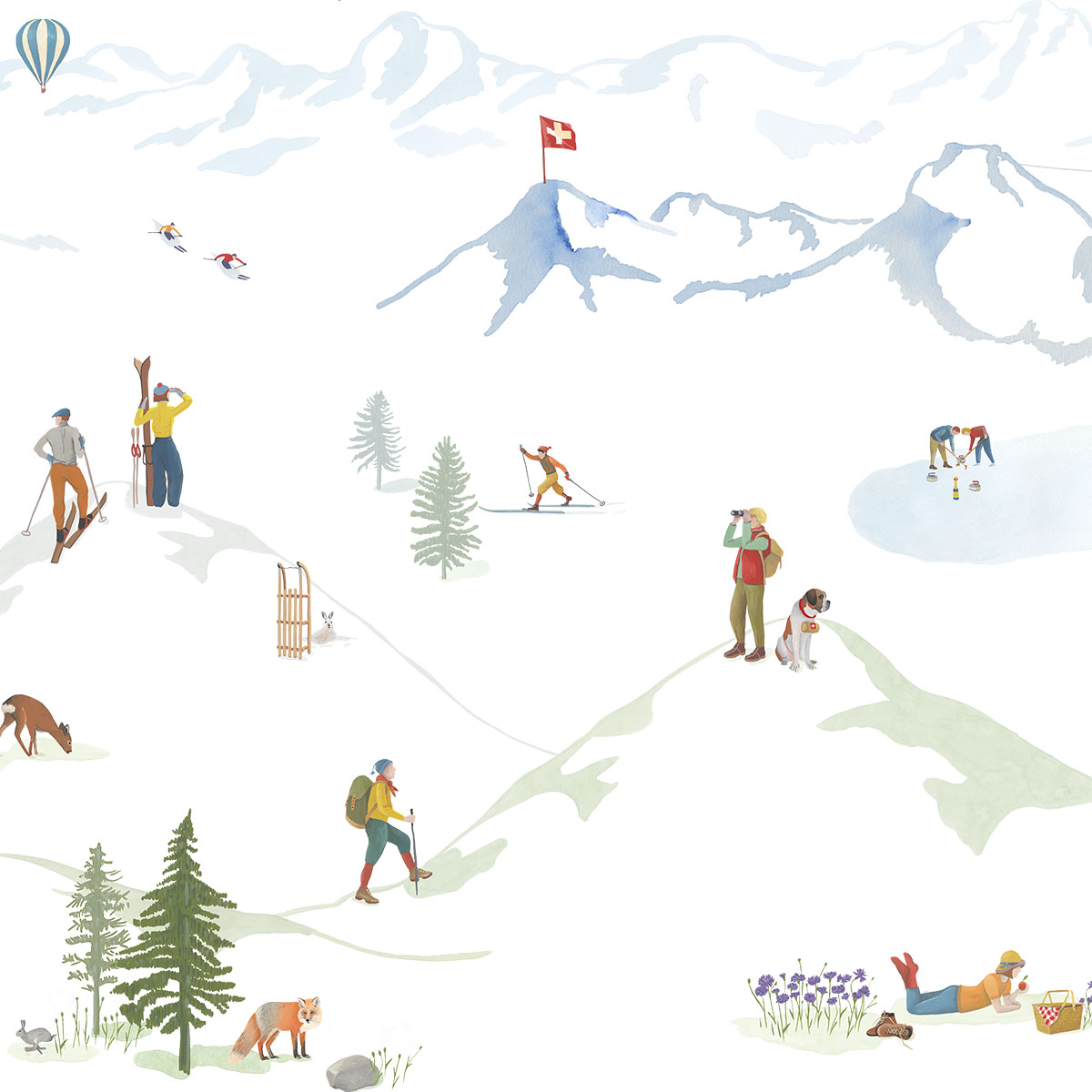 Bettwäsche Alpina mit Winterlandschaft Illustration einer Winterlandschaft mit Bergen, Wanderern, Skifahrern und verschiedenen Outdoor-Aktivitäten.