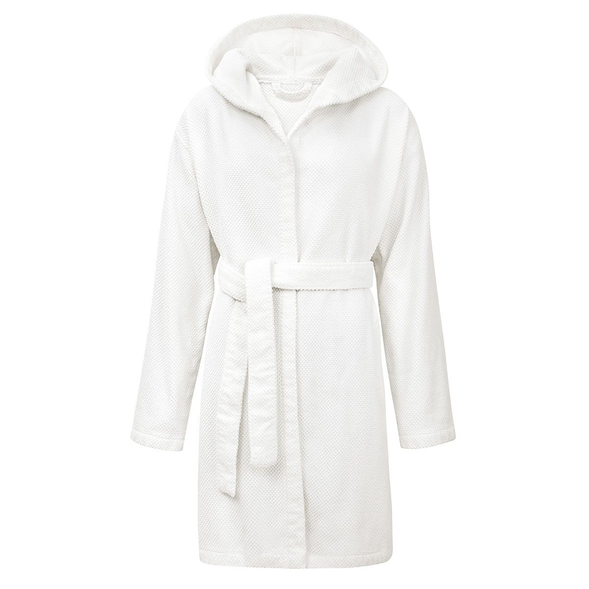 Ein weisser Schlossberg Frotterie Bademantel Nova mit Kapuze und Guertel, in einer klassischen Schnittform.