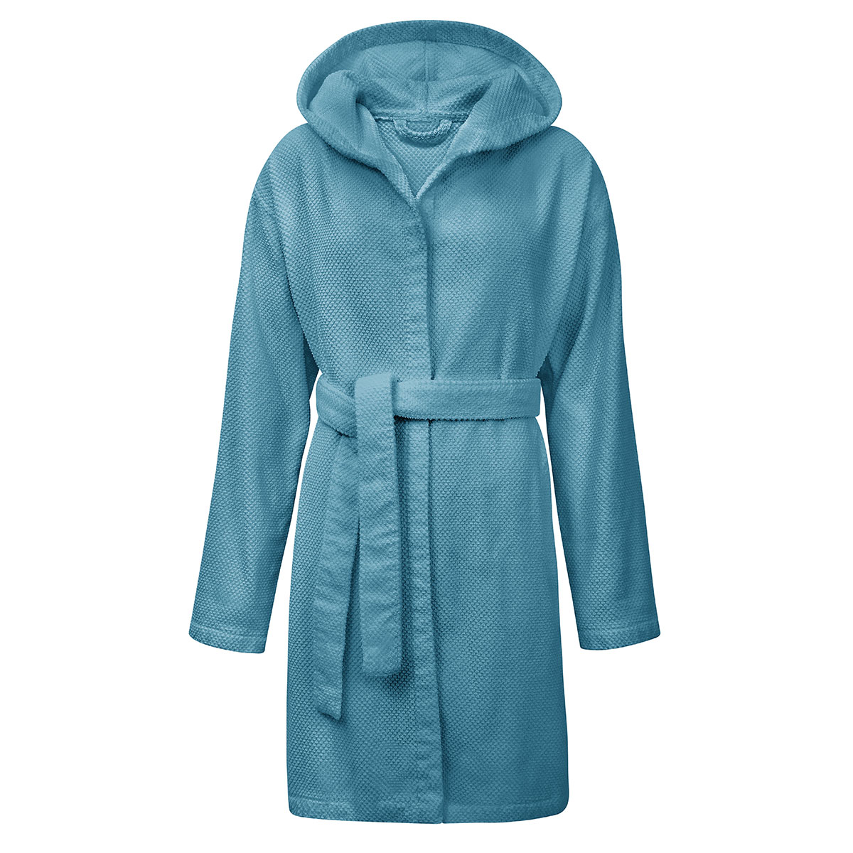 Der Schlossberg Frotterie Bademantel Nova in der Farbe Ocean, auf einem Mannequin präsentiert, mit Kapuze und Gürtel.