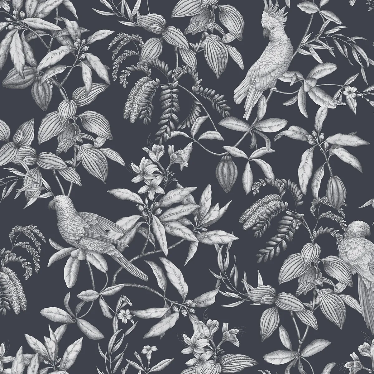 Schlossberg Bettwäsche Calypso Noir – Botanisches Design mit Vögeln Detailaufnahme des Designs der Schlossberg Bettwäsche Calypso Noir, das elegante botanische Illustrationen mit Vögeln, Pflanzen und floralen Mustern in grauen und weißen Tönen auf dunklem Hintergrund zeigt.