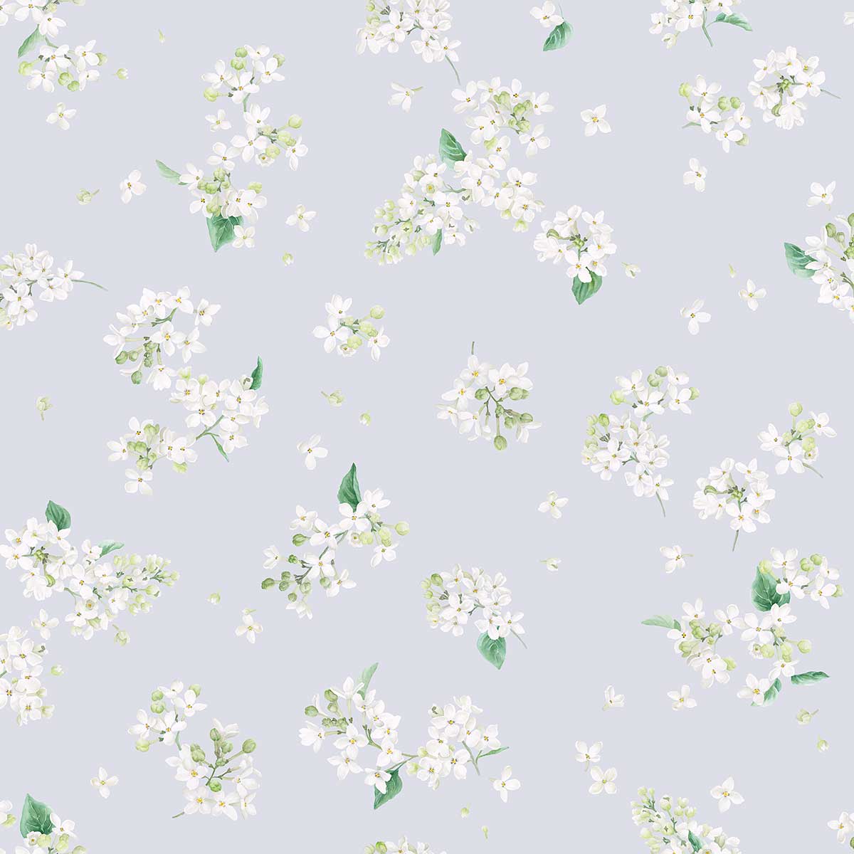 Florales Muster der Bettwäsche May mit weissen Blüten und grünen Blättern auf einem sanften blauen Hintergrund.