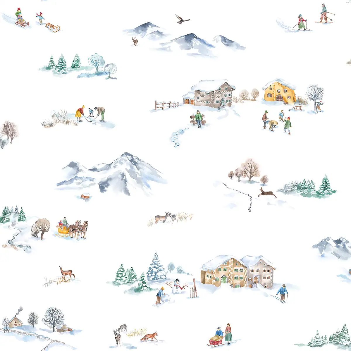 Montagne Bettwäsche - Winterliche Alpenidylle Kompletter Blick auf das Design der Montagne Bettwäsche, das eine verschneite Berglandschaft mit Häusern und Tieren zeigt.