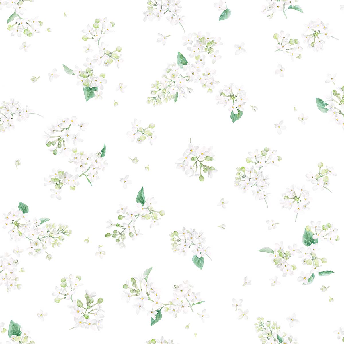 Florales Muster der Bettwäsche May in Nahaufnahme Detailansicht des floralen Musters der Bettwäsche May mit zarten weissen Blüten und grünen Blättern auf weissem Hintergrund.