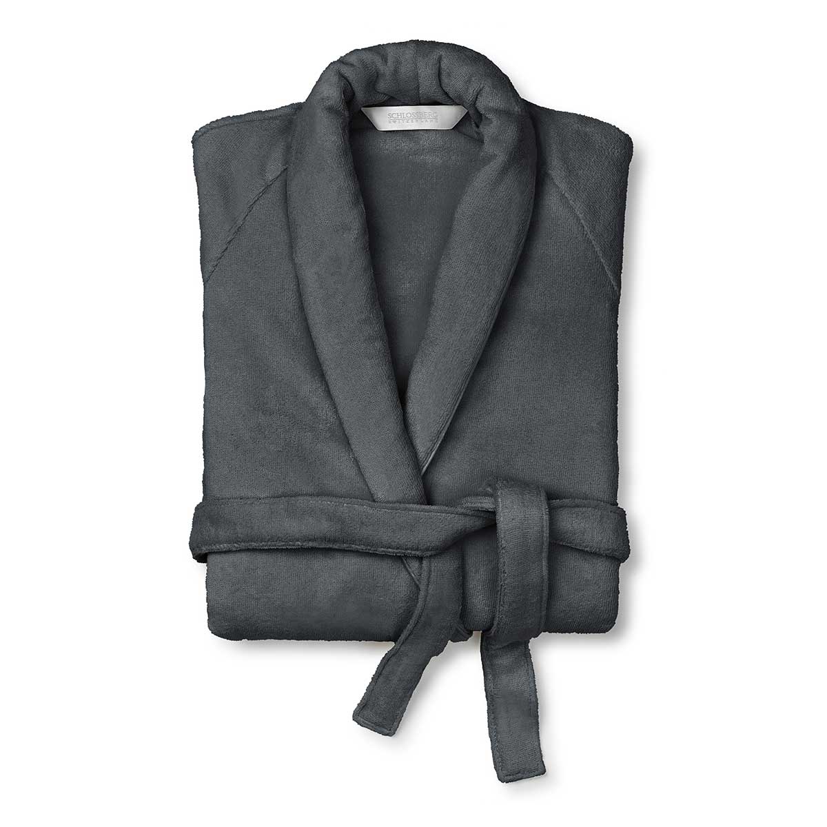 Schlossberg Bademantel Coshmere anthrazit gefaltet Ein gefalteter anthrazitfarbener Bademantel aus der Coshmere-Kollektion.