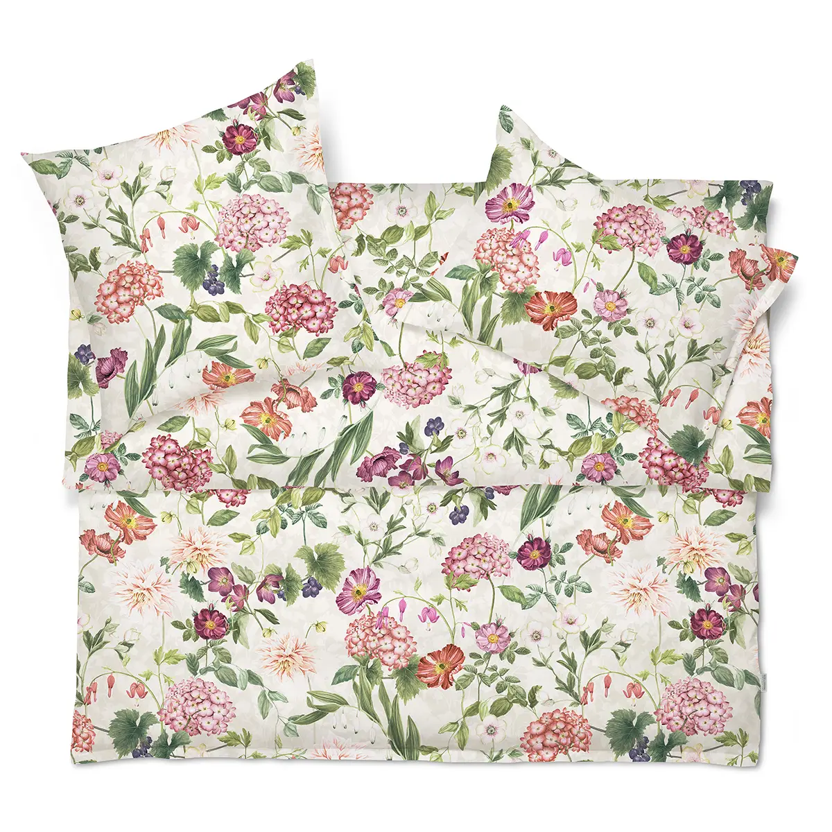 Ophelia Bettwäsche Set Komplettes Set der Ophelia Bettwäsche, bestehend aus einem Bettbezug und zwei Kissenbezügen mit einem farbenfrohen Blumenmuster.