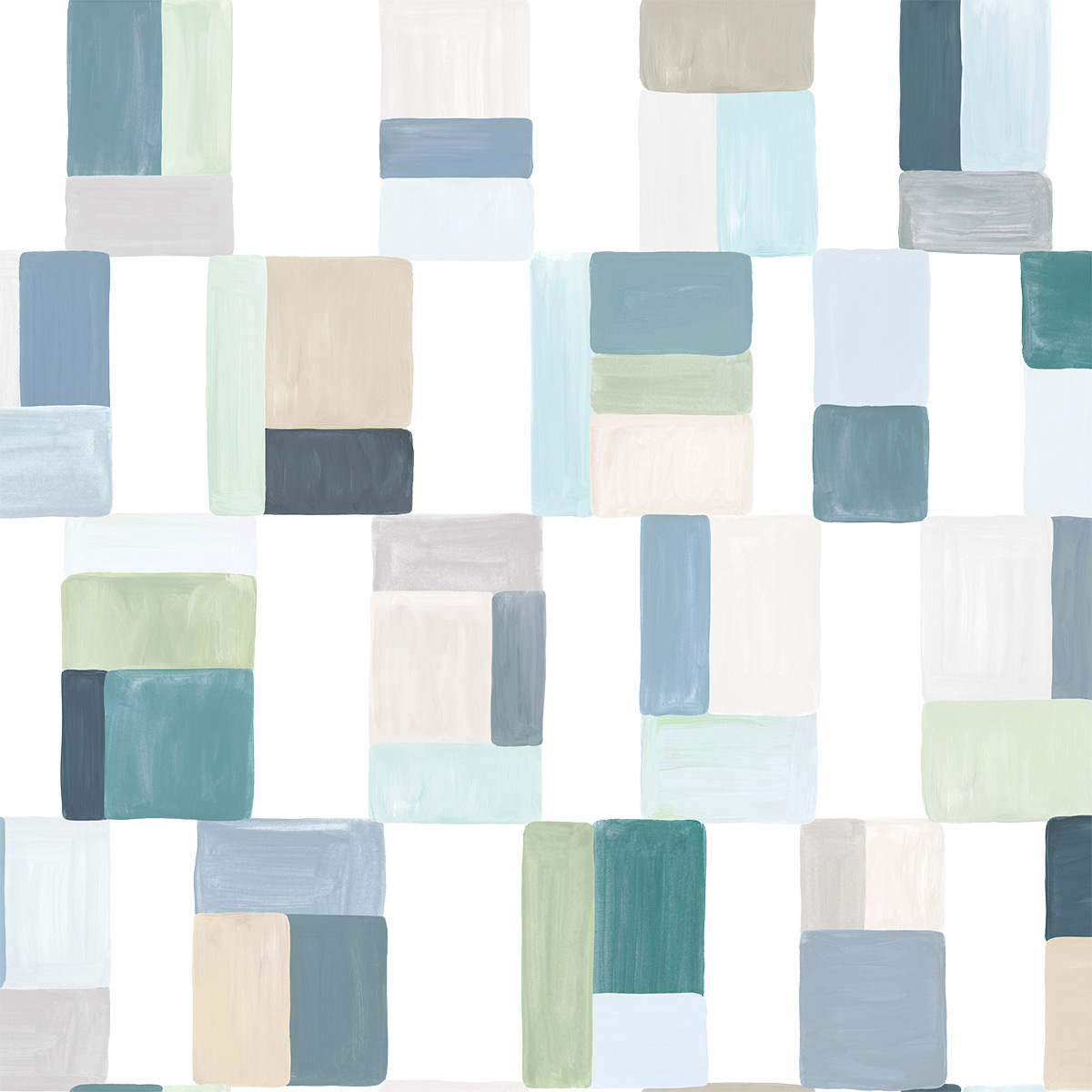Mika Bettwäsche - Geometrisches Design in sanften Farbtönen Bettwäsche mit geometrischem Muster in hellblau, beige und grün, auf einem Bett arrangiert.